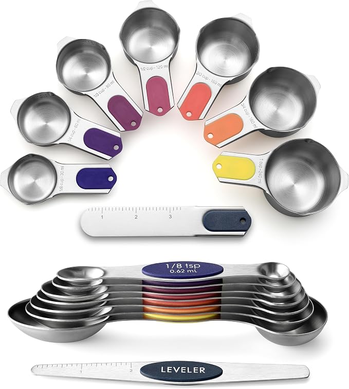 Spring Chef Magnetic Measuring Cups & Spoons Set of 15, Mountain Sunrise | Patented Nesting Stainless Steel Measuring Cups & Heavy Duty Metal Measuring Spoons w/ Levelers for Dry & Liquid Ingredients