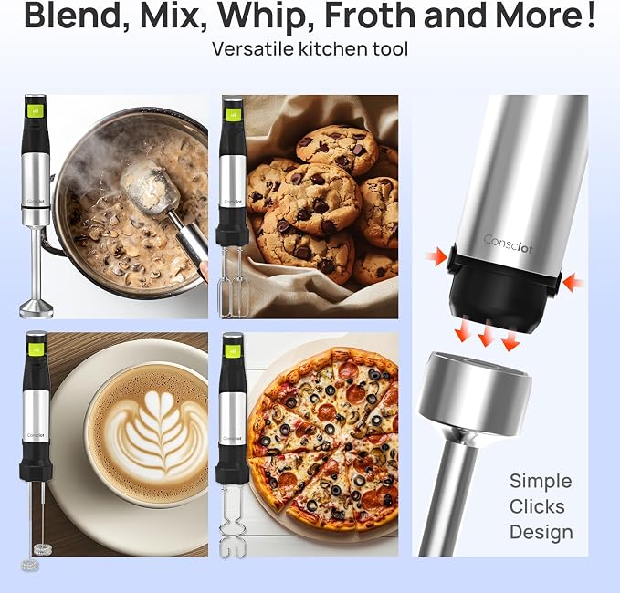 Consciot 4 in 1 Immersion Hand Blender Max 1100W, Corded Stick Emulsifier with Entire Stainless Steel Blender Shaft, Trigger Speed Control, For Blending, Beating, Frothing, Mixing & More, Non-BPA | Corded Stick Emulsifier with Entire Stainless Steel Bl...