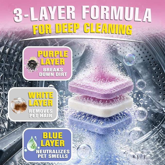 Washing Machine Cleaner Tablets 24-Pack, 3-Layer Formula Deep Cleaning, Pet Hair & Odor Removal, Residue & Build-Up Cleaner for HE, Front Load & Top Load Washers