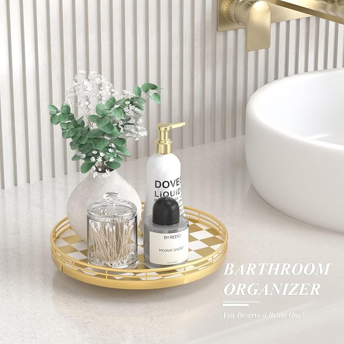 AMH 10-Inch Gold Checkerboard Lazy Susan Vanity Tray with Metal Rail | Smooth rotating oak tray with walnut finish for dining tables, kitchen counters, pantries and cabinet storage.