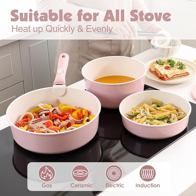 SENSARTE 17 Piece Ceramic Detachable Handle Pots and Pans Set Pink | Ceramic Cookware Set, Induction Cookware Set with Removable Handle, Healthy Non Stick for RV, Dishwasher ＆ Oven Safe