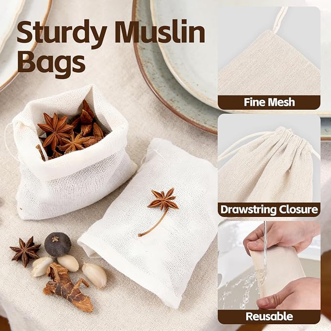 50 Pcs Tea Bags for Loose Leaf Tea, Reusable Tea Bags, Natural Unbleached Cotton Drawstring Sachet Bags, Empty Tea Bags for Spice, Herbs, Sachet & Filter Bags (3 x 4 Inches)
