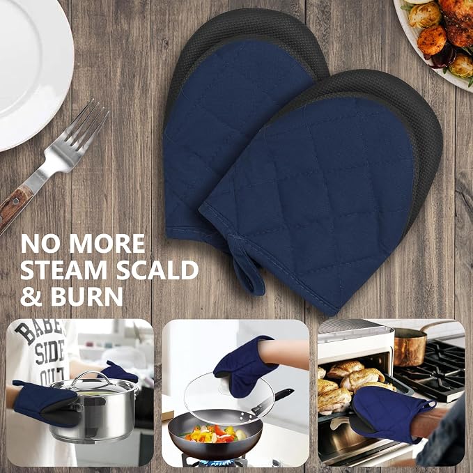 1 Pair Short Oven Mitts - Silicone Kitchen Oven Gloves High Heat Resistant 500℉, Mini Oven Mits with Non-Slip Grip Surfaces and Hanging Loop for BBQ, Baking, Cooking and Grilling (Dark Blue)