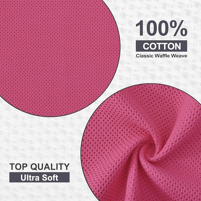Kitinjoy 100% Cotton Waffle 8-Pack Kitchen Towels, 12" x 12", Hot Pink | Ultra Absorbent, Super Soft, lightweight, Quick Drying Dish Rags for Washing Dishes