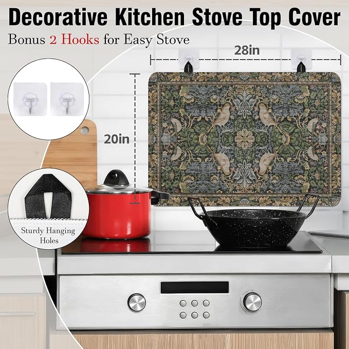 Boho Stove Top Cover for Electric Stoves,Vintage Bird & Botanical Floral Farmhouse Stove Top Cover for Kitchen Decor,Heat Resistant Cooktop Protector Mat,Non-Slip Washable Dish Drying Mat 28"x20"
