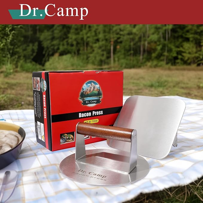 Dr.Camp 2 Pack Stainless Steel Burger Press with Real Wood Handle 7 Inch Smash Burger Press Bacon Press Grill Press Set for Griddle Flat Top Hamburger Smasher Meat Press