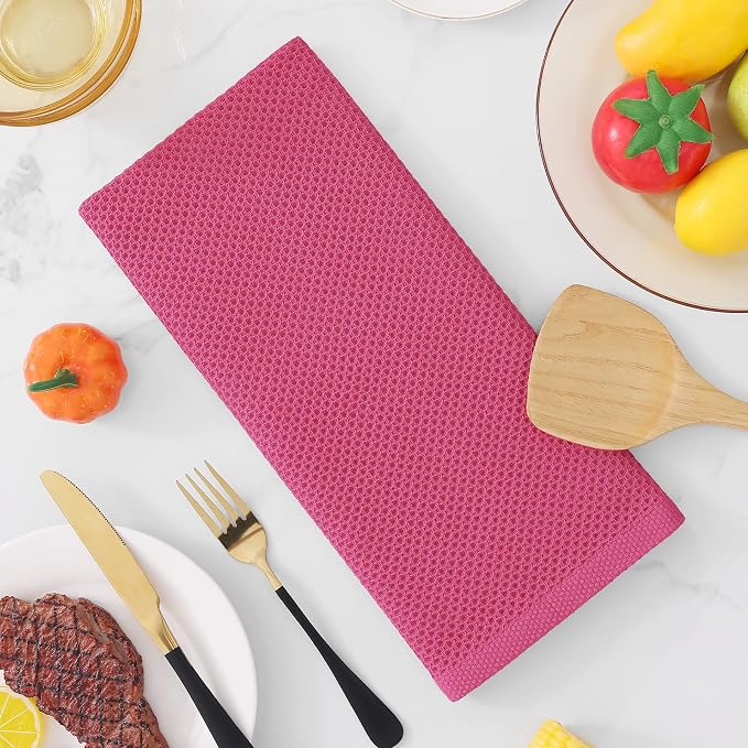 Homaxy 100% Cotton Waffle Weave Kitchen Dish Towels 4-Pack, Hot Pink | 13 x 28 Inches, Ultra Soft Absorbent Dish Towels, Quick Drying Cleaning Towels