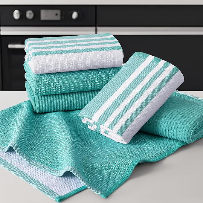 Homaxy Cotton 380 GSM Premium Kitchen Towels, 18"x 28", 9 Pack, Teal | Soft and Absorbent Terry Dish Towels, Multipurpose Tea Towel Set with Hanging Loop, 3 Styles Kitchen Hand Towels