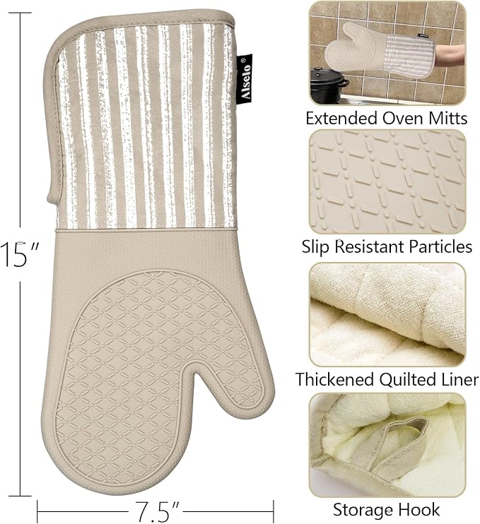 Alselo Silicone Oven Mitts Heat Resistant 932℉ with Waterproof & Non-Slip | Kitchen Mittens Set of 2,Extra Long 7.5"x15" Oven Gloves with Soft Cotton Terry Lining for Baking Cooking BBQ (Khaki,2)