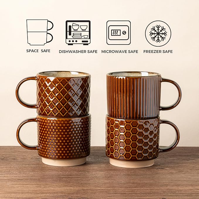 GBhome 12 OZ Stackable Coffee Mugs Set of 4, Ceramic Coffee Cups Set | 4 Assorted Designs, Embossed Mugs with Texture Patterns for Tea/Coffee, Dishwasher&Microwave Safe, Caramel