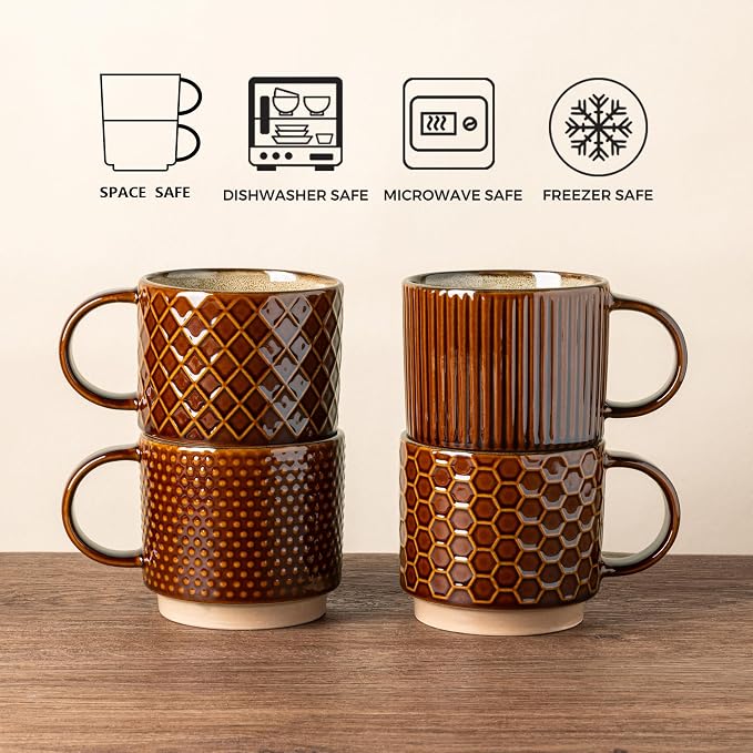 GBhome 12 OZ Stackable Coffee Mugs Set of 6, Ceramic Coffee Cups Set | 3 Assorted Designs, Embossed Mugs with Texture Patterns for Tea/Coffee, Dishwasher&Microwave Safe, Caramel