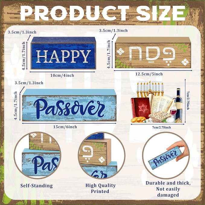 Lineshading 4 Pcs Wooden Passover Block Signs Farmhouse Tiered Tray Decor | Rustic Tabletop Centerpiece, Hebrew Text Design, Menorah Wine Matzo Elements, Gift for Jewish Home Table Decoration