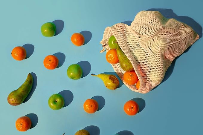 ECO ROOTS Reusable Produce Bags, Washable Cotton Mesh Produce Bags, 9 Pack | Nine organic cotton bags: six mesh and three bulk bags in three sizes, with tare-weight tags and drawstring closures