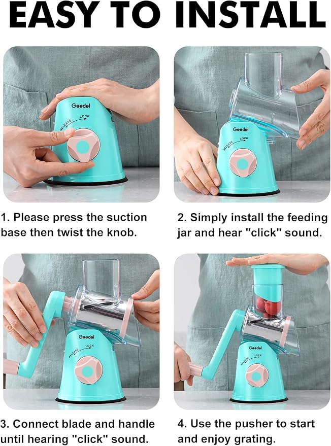 Geedel Rotary Cheese Grater, Kitchen Mandoline Vegetable Slicer with 3 Interchangeable Blades, Easy to Clean Rotary Grater Slicer for Fruit, Vegetables, Nuts | 3 Blades, 430 Stainless Steel, 12x Fast Cutting, Strong Suction Base, No BPA, Dishwasher Saf...