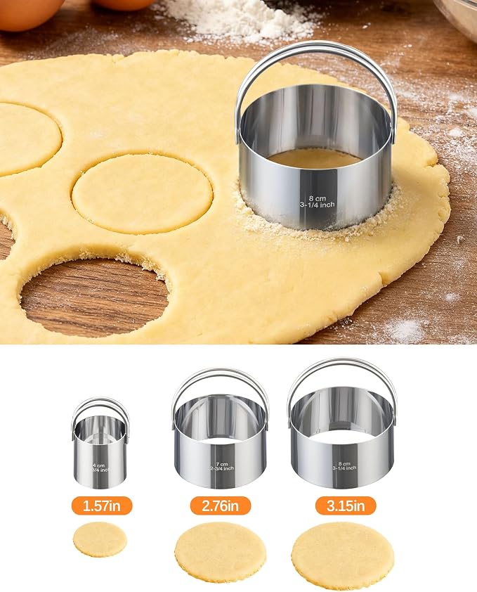 Biscuit Cutter Set with Handle, 3pcs Cookie Cutters | Pastry, Cakes, Donut Baking Tool, Stainless Steel, Dishwasher Safe, In/cm Markings, Ergonomic Arched Grip