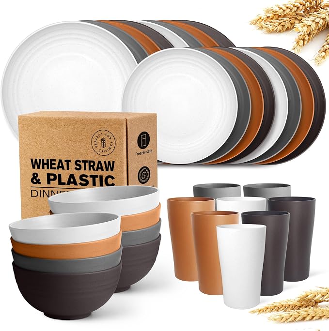 Teivio 32-Piece Plates and Bowls Sets for 8, Farmhouse Dinnerware Sets | 13.5oz Cups, Plastic Wheat Straw Unbreakable Dish Set, Dishwasher, for Outdoor Camping RV Kitchen Essentials Dinner Plate set