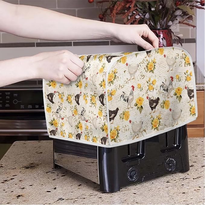 Flowers Rooster Printed Toaster Cover 4 Slice Long Slot, Vintage Bread Maker Cover Washable Dust Protection Kitchen Small Appliance Covers with Top Hook