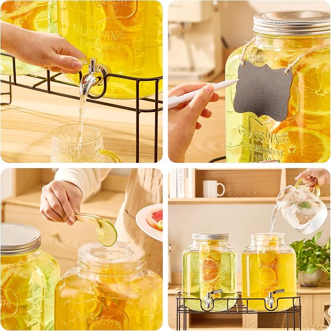 1.5 Gallon Glass Drink Dispensers for Parties, 2PACK Beverage Dispenser with Stand, Ice Cylinder and Stainless Steel Spigot 100% Leakproof, Beverage Dispenser for Lemonade Sun Tea