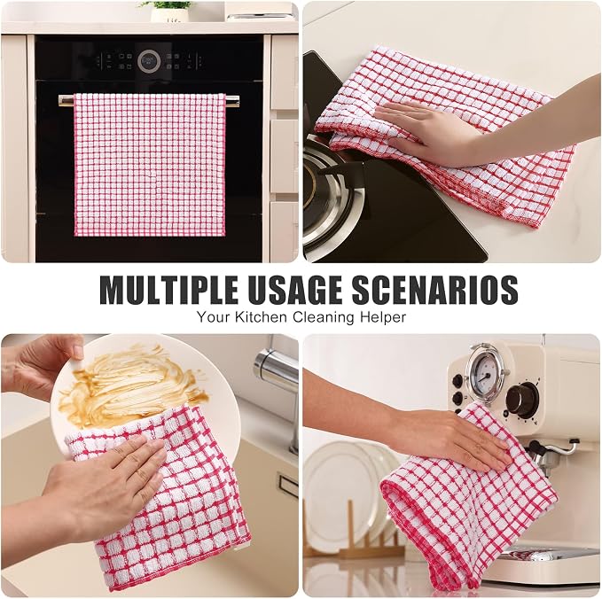 Mordimy Cotton 8 Pack Terry Kitchen Towels, 16 x 25 Inches | Super Soft and Absorbent Dish Towels, Quick Drying Hand Towels for Kitchen Drying, Blue/Pink/Red/Brown