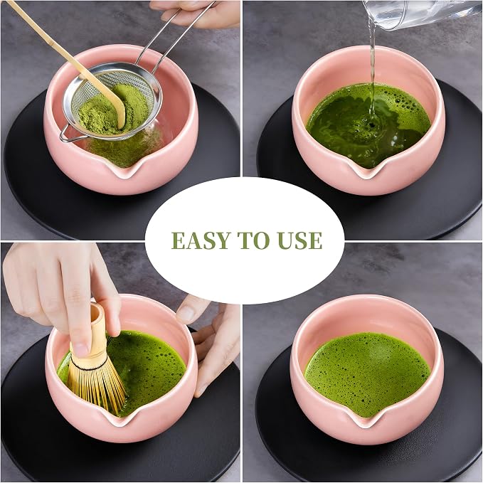 YIBO Matcha Whisk Set Pink, Handcrafted Bamboo Chasen & Ceramic Bowl Matcha Kit, Holder, Stainless Steel Sifter, Scoop Measuring Spoon & Cup Tools for Matcha Tea Ceremony