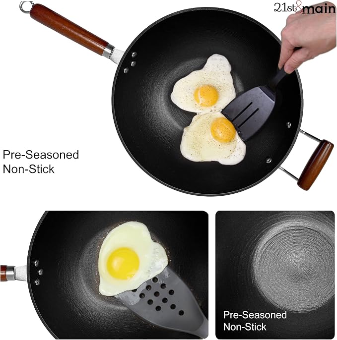 21st & Main Light weight Cast Iron Wok, Stir Fry Pan, Wooden Handle, 14 Inch, chef’s pan, pre-seasoned nonstick, commercial and household, for Chinese Japanese and others Cooking