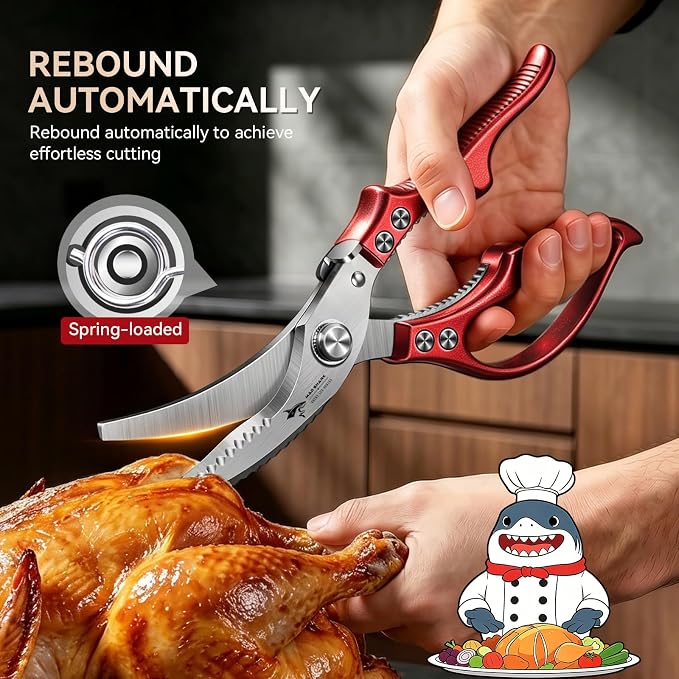 MAD SHARK Heavy Duty Poultry Shears,Spring Loaded Butterfly Meat Scissors | Non-Slip Handle Kitchen Shears, Safety Lock, All Purpose Kitchen Scissors for Chicken, Meat Cutting, Turkey, Fish, Vegetables