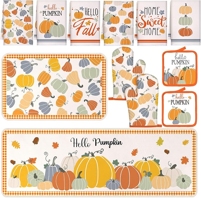 Fanfanwin 12 Pcs Fall Kitchen Decor and Accessories Set 6 Kitchen Towels 2 Pot Holders and Oven Mitts 2 Rugs Thanksgiving Towels for Baking Cooking BBQ Autumn Housewarming Gifts