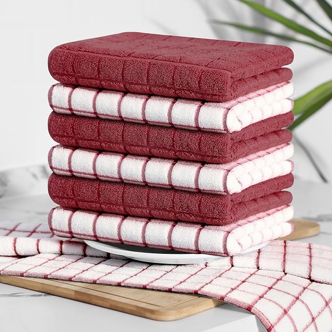 Homaxy Large Premium Cotton Kitchen Towels 16"x 28", 12 Pack, Red | Natural Ring Spun 390 GSM Dish Towels, Super Absorbent Terry Kitchen Hand Towels, Soft Tea Towels with Hanging Loop