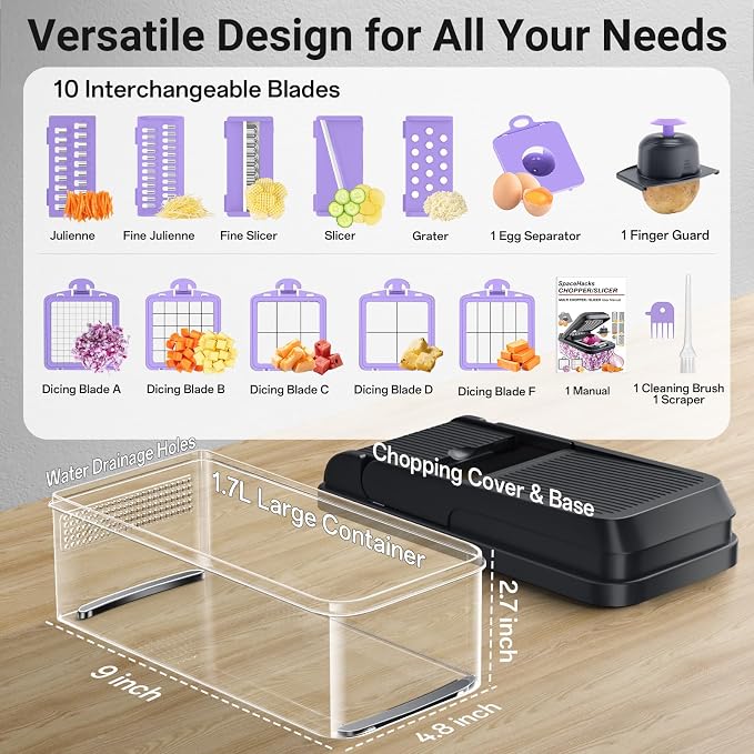 15-in-1 Vegetable Chopper with 10 Blades, Food Veggie Cutter, Purple | Includes Egg Separator, Food Container and Finger Guard, Non-slip Base, for Chopping, Slicing, Shredding, and Mincing