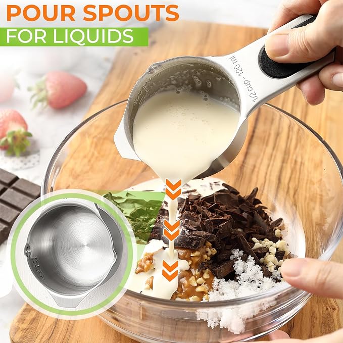 Spring Chef Magnetic Stainless Steel Measuring Cups Set of 7 Patented Black | Metal Measuring Cups for Measuring Dry or Liquid Ingredients, Easy to Read Markings, Dishwasher Safe Nesting Magnetic Cups