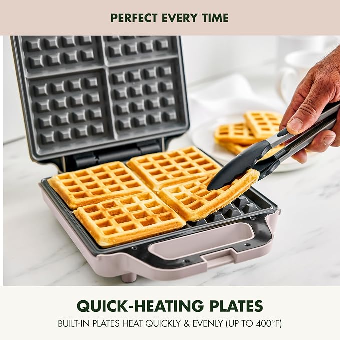 GreenPan Advanced Waffle Maker, 4-Square Belgian & Classic Waffle Maker, PFAS-Free Ceramic Nonstick, Dishwasher Safe Plate, Cool-Touch Handle, Overheat Protection, Easy Clean, Clay