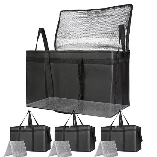 Bodaon 4-Pack Cooler Insulated Food Delivery Bag, Rideshare Delivery Bag, XXX-Large Thermal Bags for Catering/Hot Pizza, Travel/Camping/Picnic/Grocery Reusable Warmer Frozen, Black With Bottom