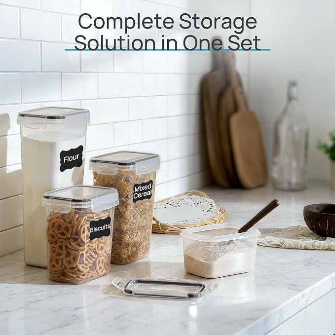 Airtight Food Storage Containers with Lids, Vtopmart 24 pcs Plastic Kitchen and Pantry Organization Canisters for Cereal, Dry Food, Flour and Sugar, BPA Free, Includes 24 Labels，Black | For Cereal Pasta Snack Flour Sugar, BPA Free, Airtight Seal, Multi...