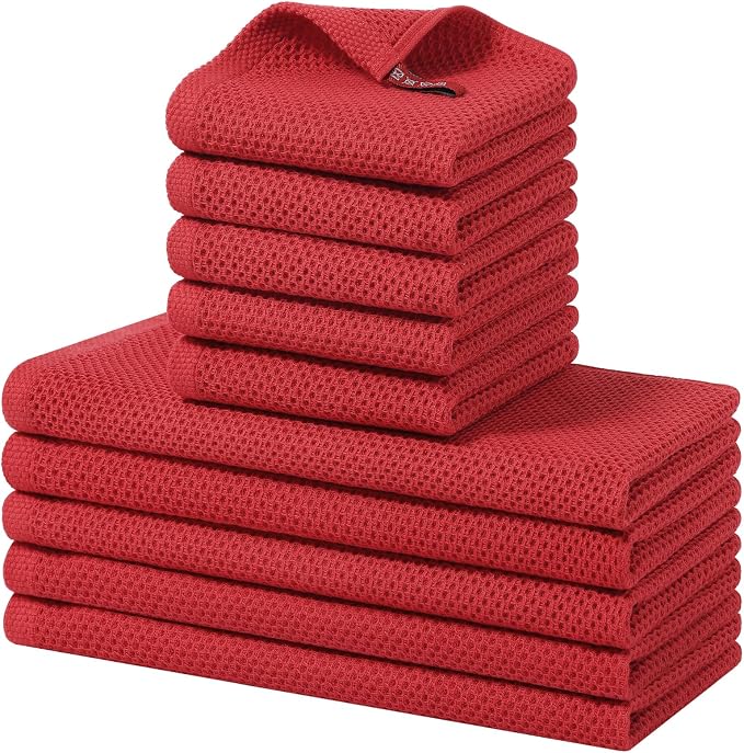 Homaxy 10 Pack 100% Cotton Kitchen Towels and Dishcloths Set, Red | 12 x 12 Inches and 13 x 28 Inches Kitchen Towels Set, Ultra Soft Absorbent Dish Cloths for Washing Dishes