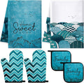 Bencailor 6 Pcs Boho Mountains Kitchen Towels Oven Mitts and Pot Holders Set Decorative Dish Towels Tea Washcloth Non Slip Heat Resistant Oven Gloves for Summer Home Cooking Baking, Turquoise