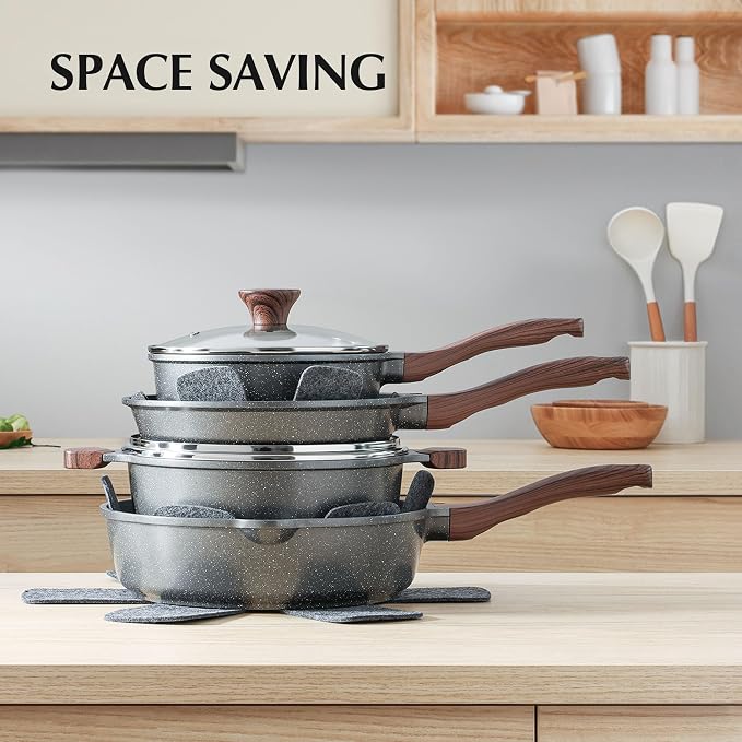 SENSARTE Nonstick Cookware Set 13-Piece, Non Stick Pots and Pans Set with Swiss Granite Coating, Healthy Kitchen Cooking Set, Stay-Cool Handles, Induction Compatible, PFOA/PFOS Free