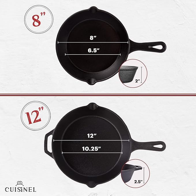 Cuisinel Cast Iron Skillet Set - 8" + 12"-Inch Frying Pan + Glass Lids - Pre-Seasoned Cookware - Heat-Resistant Holders - Indoor/Outdoor Use - Camping, Grill, Stove, BBQ, Firepit, Induction, Oven Safe
