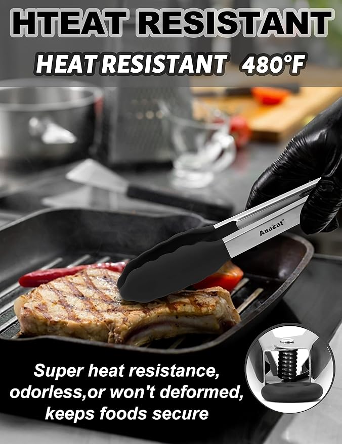Anaeat Non-Stick Silicone Locking Tong Set of 2 - Stainless Steel 9" and 12" Kitchen Food Tongs with Non-Slip Silicone Tips and Grip for Cooking, Baking and BBQ - Heavy Duty & Heat Resistant (Black)