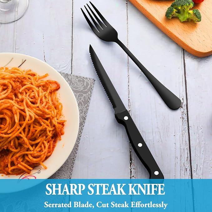 48 Pcs Black Silverware Set with Steak Knives, Stainless Steel Flatware Cutlery Set for 8, Kitchen Tableware Sets, Utensil Sets for Home and Restaurant, Dishwasher Safe