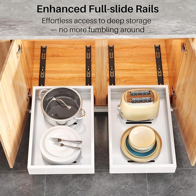 2Pack Pull out Cabinet Organizer, 21"Deep, Heavy Duty Full-extension Slide out Drawers for Kitchen Cabinet, Roll out Shelf Storage with Nano Adhesive for Pots, Bathroom, Pantry, Home, White