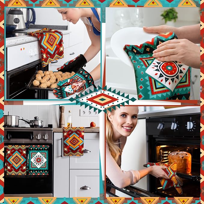 Jingmore 6 Pcs Kitchen Decor Set Accessorie Farmhouse Kitchen Towels Pot Holders Oven Mitts Set 2 Dish Towels 2 Pot Holders 2 Cooking Mittens Oven Glove for Cooking(Retro Color,Western Boho Aztec)
