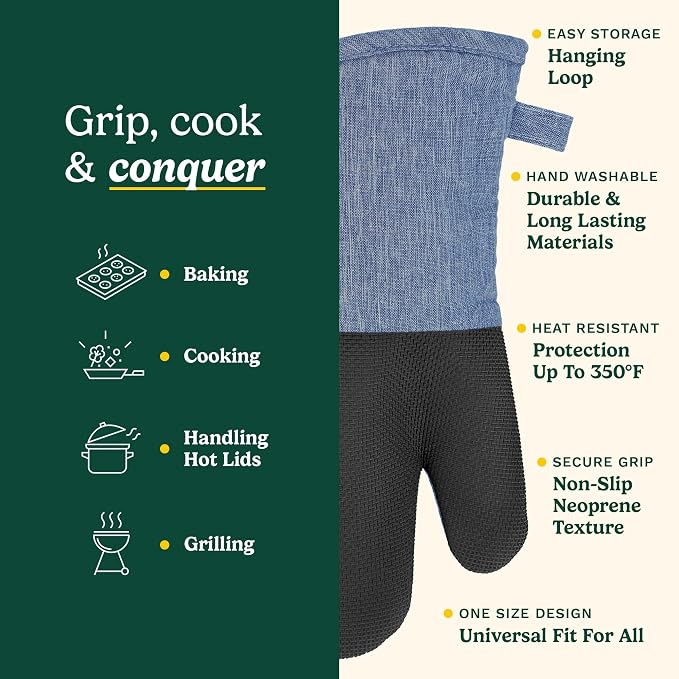 Cuisinart Chambray Kitchen Oven Mitts, Heat-Resistant, 2-Pack, 7"x13" | Non-slip neoprene palm grips up to 350°F, long cuff shields forearms, hang loop for storage, handles cast iron and grilling