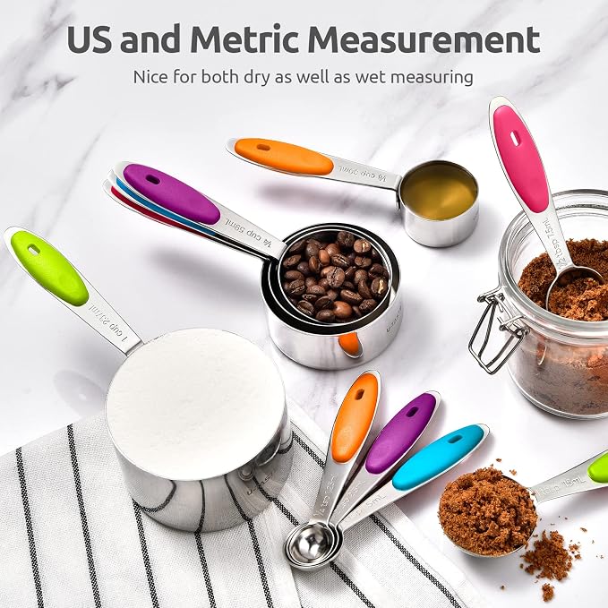 Measuring Cups : U-Taste 18/8 Stainless Steel Measuring Cups and Spoons Set of 10 Piece, Upgraded Thickness Handle (Multicolors) | Upgraded Thickened Handle, Reinforced Welded Joints, Nested Stackable Design, Metal Measure Set for Kitchen Baking Cooking
