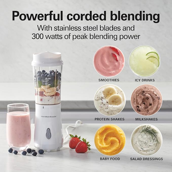Hamilton Beach Portable Blender for Shakes and Smoothies, 14 Oz BPA Free Travel Cup & Lid, Durable Stainless Steel Blades, Personal Smoothie Blender, White (51101V) (Pack of 4)