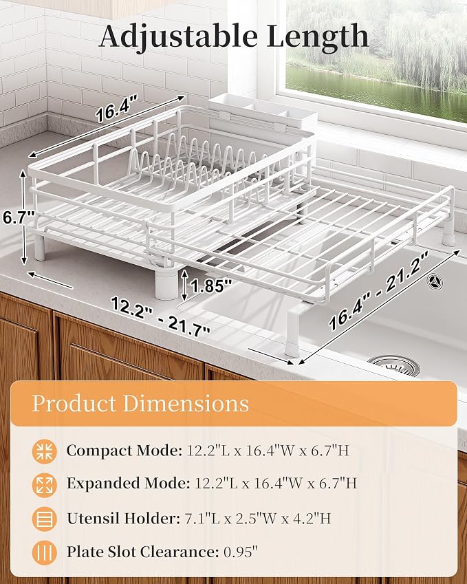 SAYZH Expandable Dish Drying Rack for Kitchen Counter, Metal, White | Foldable Over Sink, Large Capacity, Rust-Resistant, Adjustable for Most Sinks, Automatic Drainage, Removable Utensil Holder
