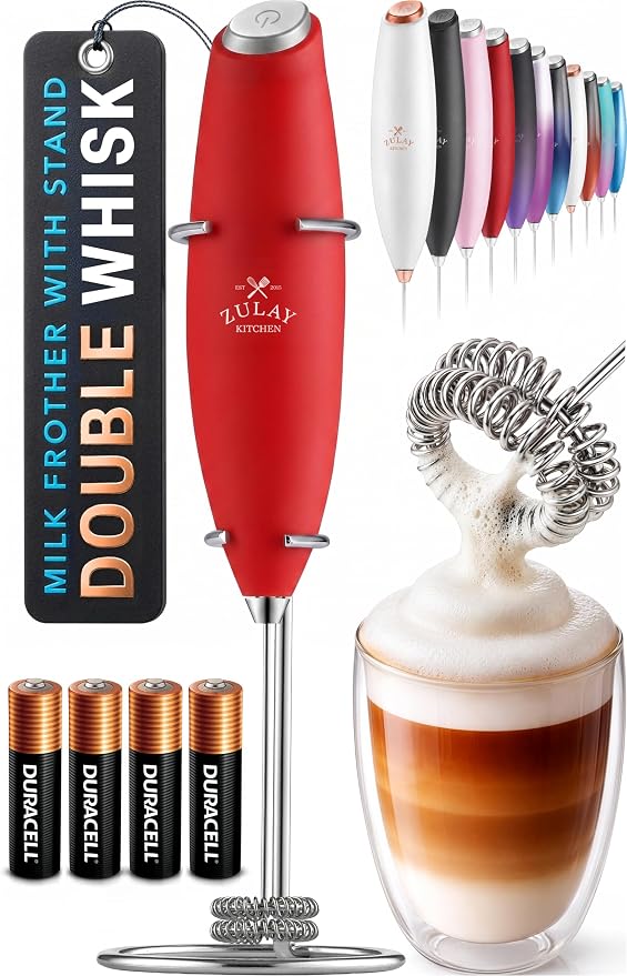 Zulay Kitchen Powerful Milk Frother Wand With Duracell Batteries - Ultra Fast Handheld Drink Mixer - Electric Whisk Foam Maker for Coffee, Lattes, Cappuccino & Matcha - Double Whisk - Red