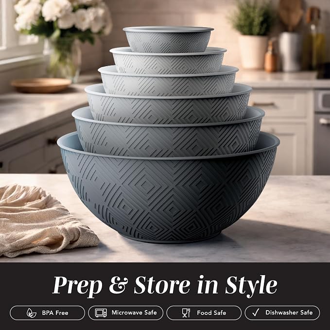 COOK WITH COLOR Mixing Bowls with Lids - 12 Piece Plastic Nesting Bowls Set includes 6 Prep Bowls and 6 Lids, Microwave Safe Mixing Bowl Set, Grey Rhombus
