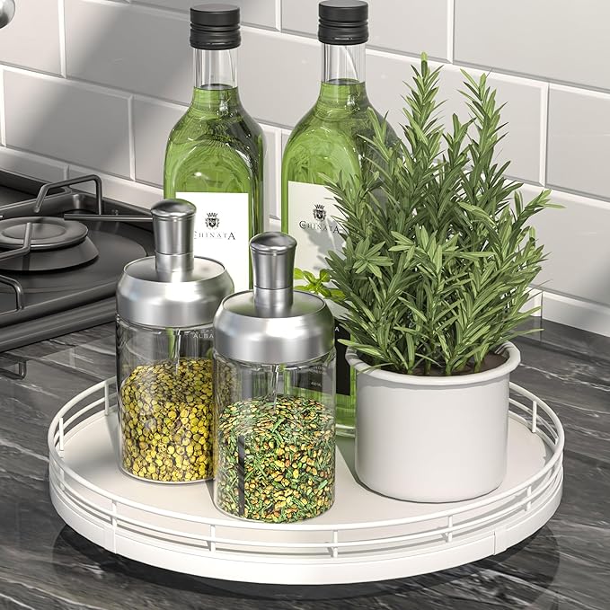 Oroyutor 10-Inch Oak Lazy Susan Spice Organizer, White Finish | Rotating oak tray organizes spices, toiletries and decor on kitchen counters, bathroom vanities, dining and coffee tables.