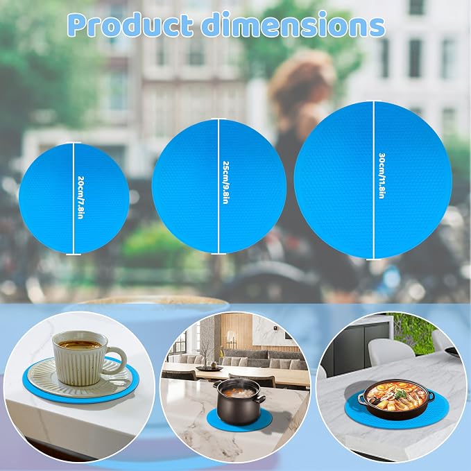 8 10 12 Inch Microwave mat, Trivet, Multi-Purpose Hot Pad,Pot Holder,Baking,Drying, Silicone mats for Microwave,Dishwasher Safe - Splatter Guard, Set of 3,Grey,Blue