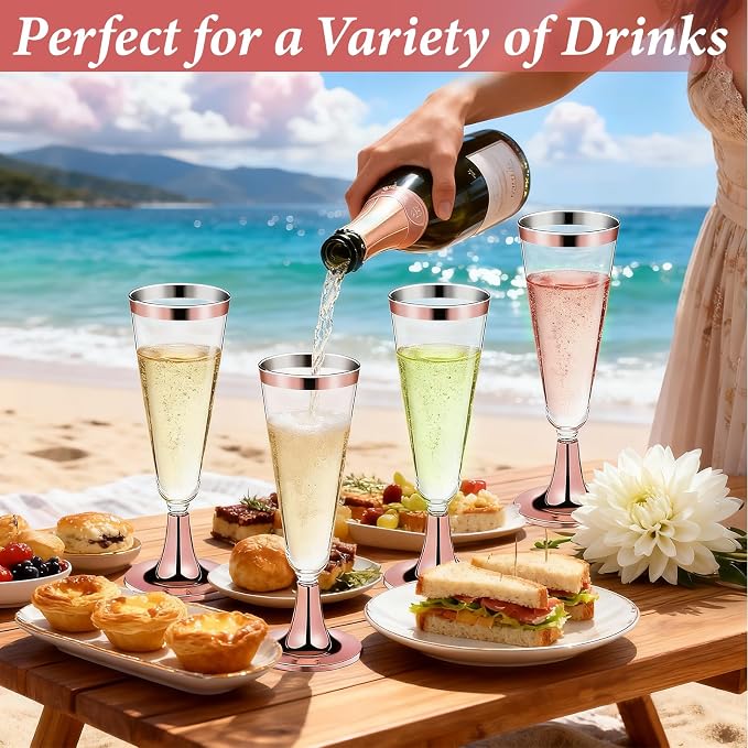 GuanQiao 100 Pack Plastic Champagne Flutes with Rose Gold Rim Pink Bottom, 5.5 Oz Clear Disposable Plastic Champagne Glasses, Wine Glasses Cups for Wedding Celebration New Years Eve Party Supplies